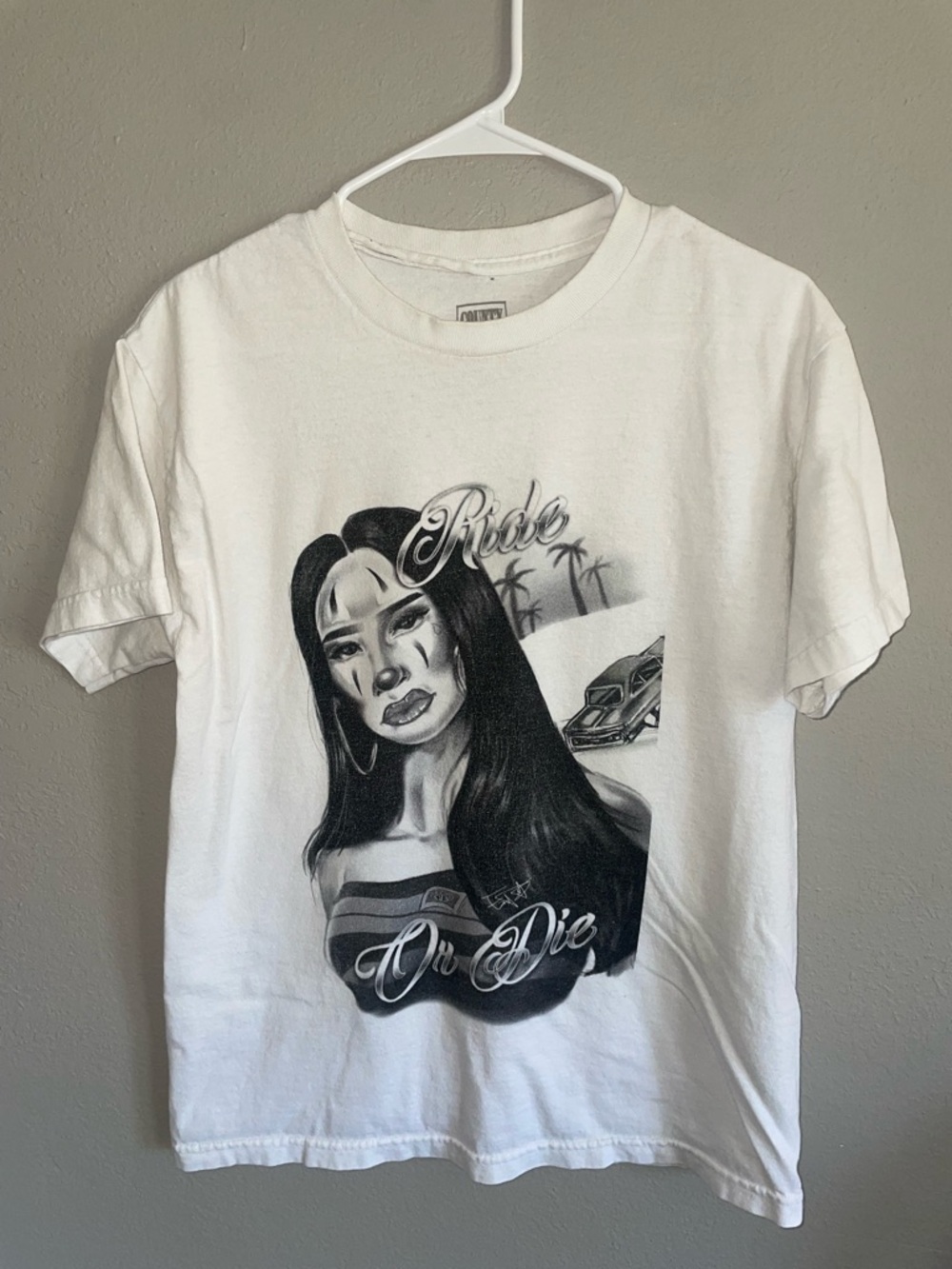 Graphic Tee with Black & White Chicano-Style Portrait ride or die Medium